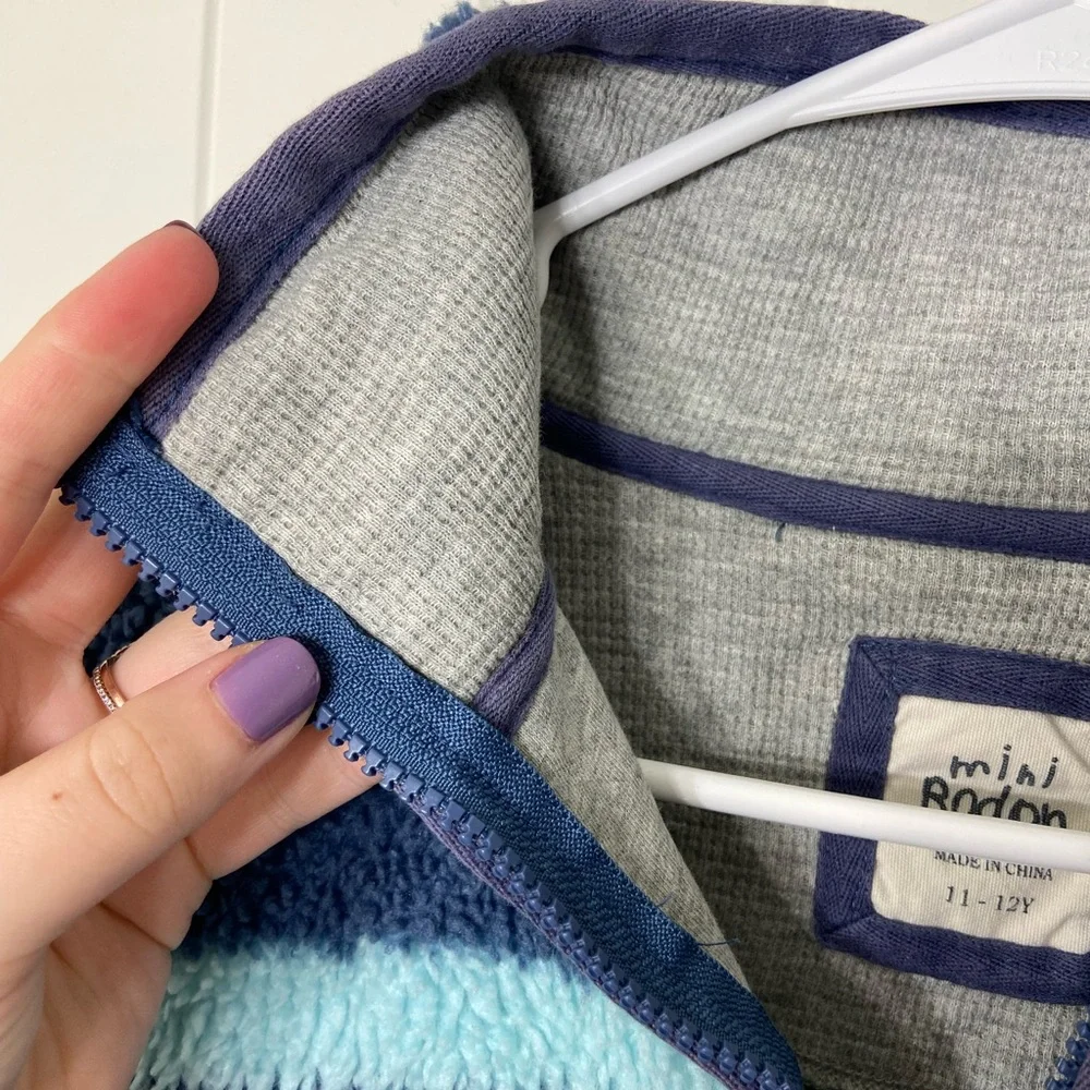 Mini Boden kid’s blue fuzzy warm striped full zip jacket sweatshirt coat 11-12 y
